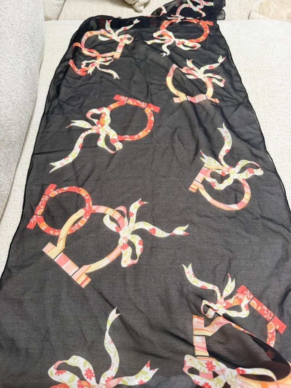 Salvatore Ferragamo Black Silk Chiffon Scarf Sheer Floral Gancini Ribbon Italy
